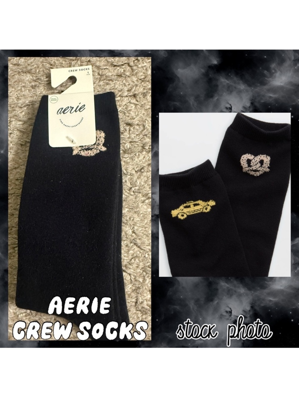 Aerie Black New York City NYC Snacks Pretzel Taxi Cab Graphic Crew Socks